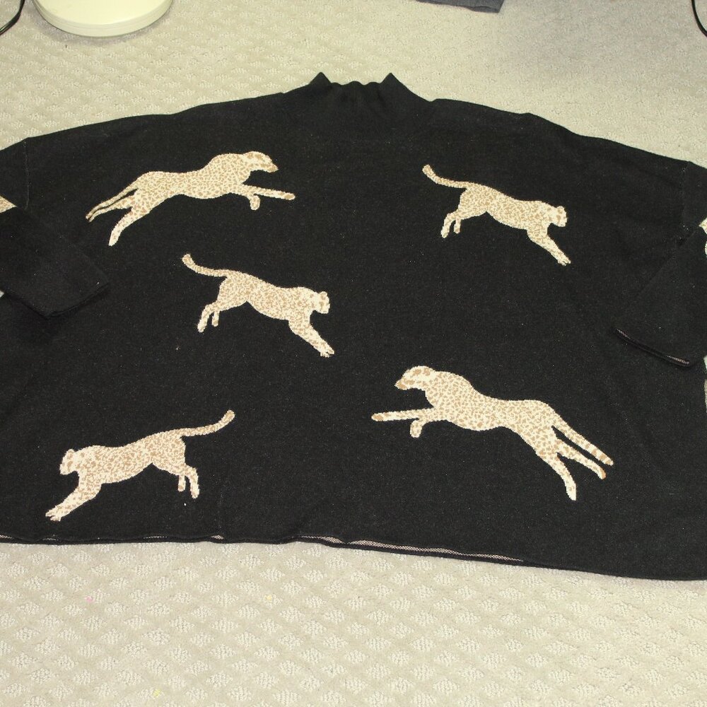 Shop the Mint Women's Small Oversized Black Pouncing Leopards Luxurious Sweater